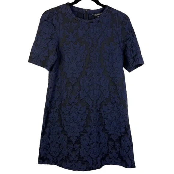 knee length dresses for ladies White & Blue Damask Print Flowy Midi Dress for Women XL